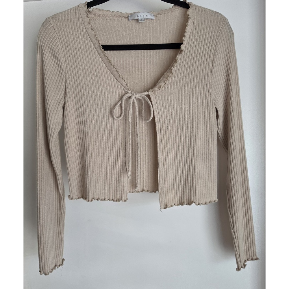 Gaze Cardigan Sweater Women S Beige Long Sleeve Knit Front Tie Clean Girl